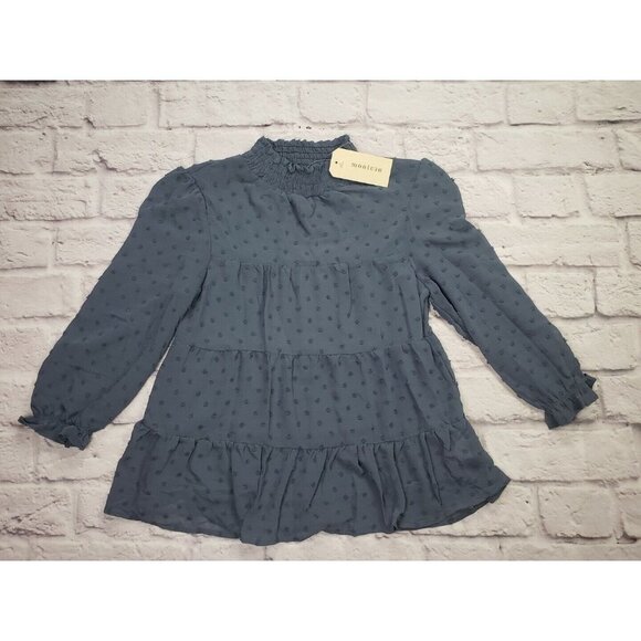 Monteau Womens Size Small Blue 3/4 Sleeve Swiss Dot Semi Sheer Blouse - Picture 1 of 8